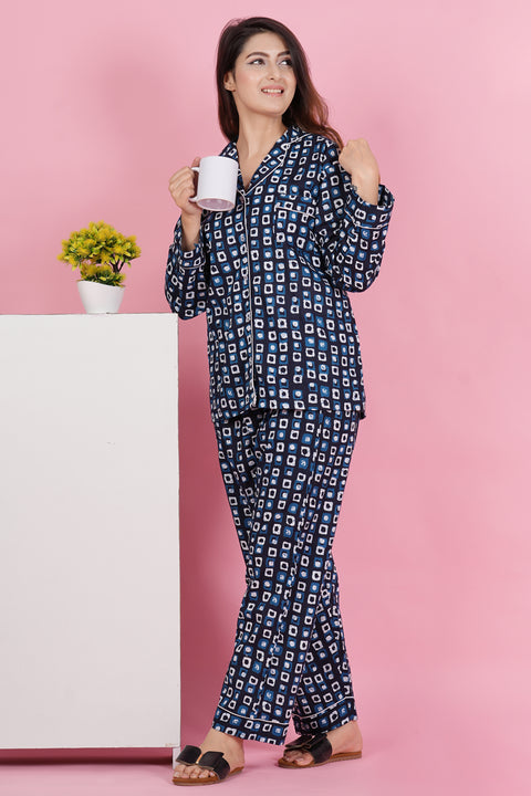 Stunning Geometric Print Blue Full Sleeve Pyjama Cotton Night Wear Set