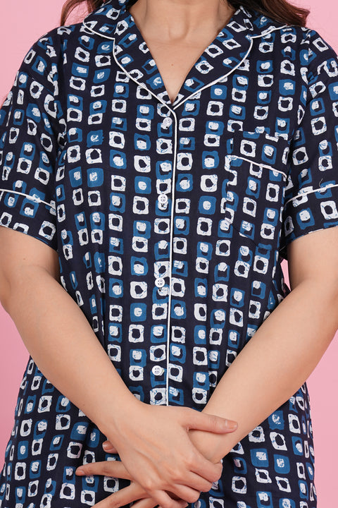 Stunning Geometric Print Blue Half Sleeve Shorts Cotton Night Wear Set