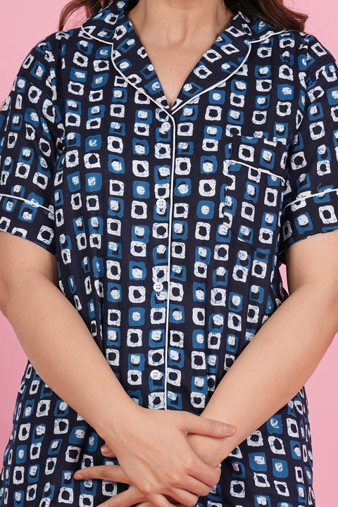 Stunning Geometric Print Blue Half Sleeve Pyjama Cotton Night Wear Set