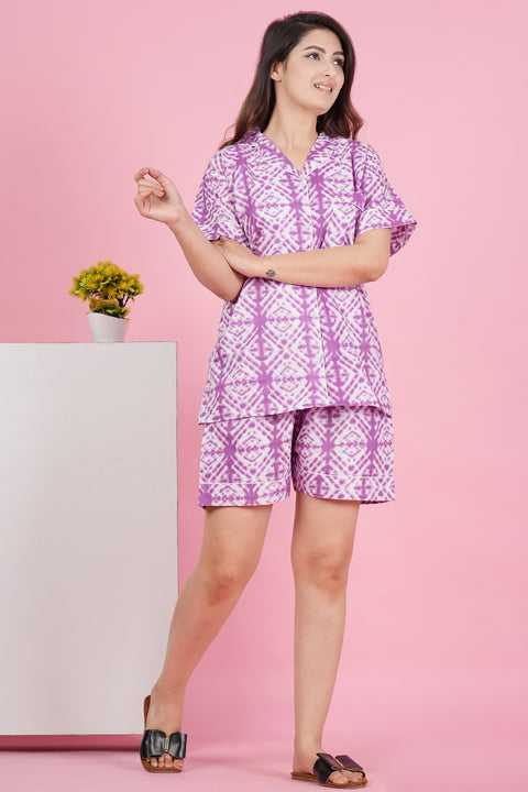 Pretty Purple Geometric Print Half Sleeve Shorts Cotton Night Wear Set