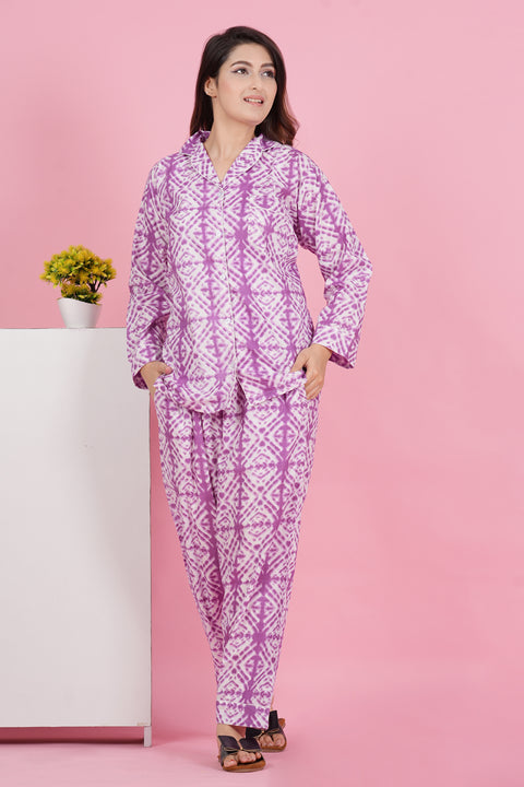 Pretty Purple Geometric Print Full Sleeve Pyjama Cotton Night Wear Set