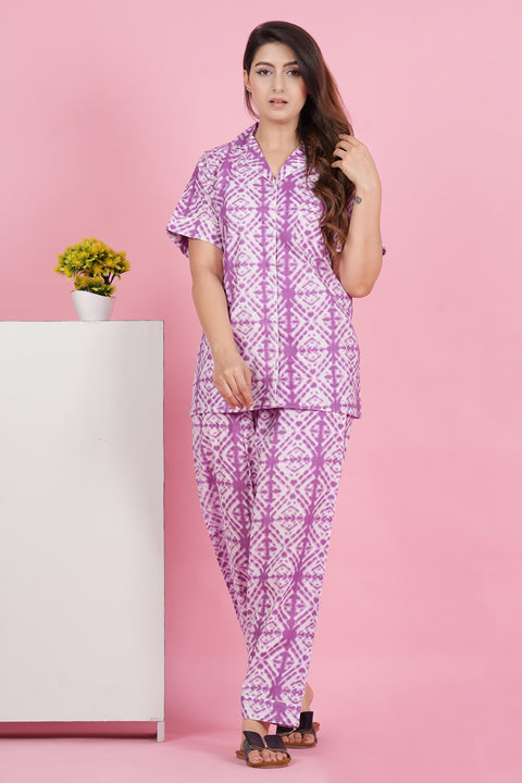 Pretty Purple Geometric Print Half Sleeve Pyjama Cotton Night Wear Set