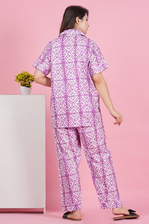 Pretty Purple Geometric Print Half Sleeve Pyjama Cotton Night Wear Set