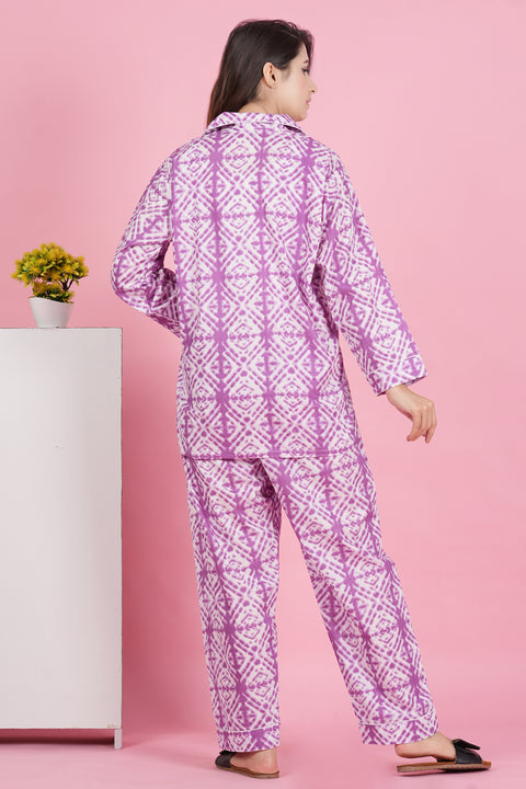 Pretty Purple Geometric Print Full Sleeve Pyjama Cotton Night Wear Set