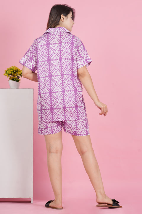 Pretty Purple Geometric Print Half Sleeve Shorts Cotton Night Wear Set