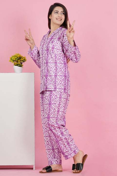 Pretty Purple Geometric Print Full Sleeve Pyjama Cotton Night Wear Set