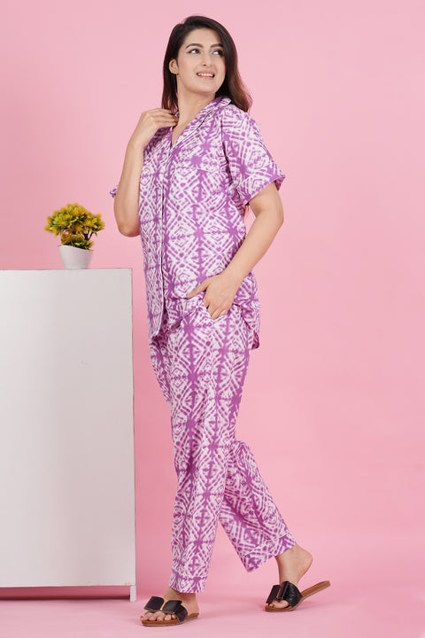 Pretty Purple Geometric Print Half Sleeve Pyjama Cotton Night Wear Set
