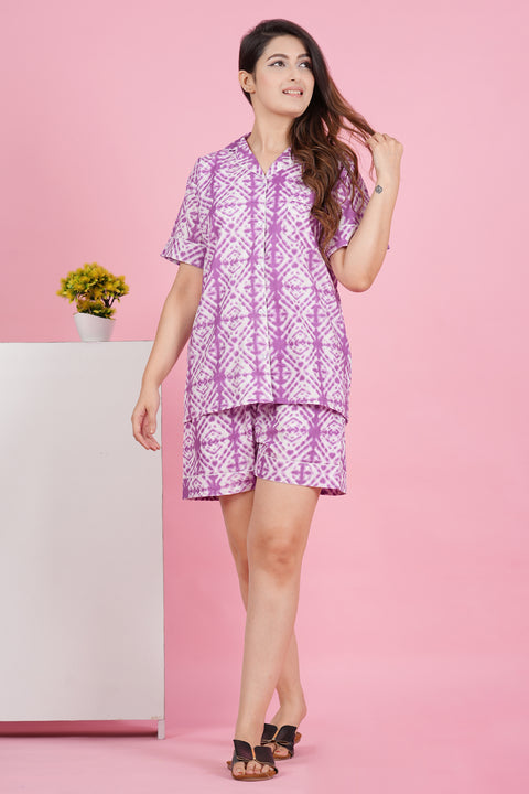 Pretty Purple Geometric Print Half Sleeve Shorts Cotton Night Wear Set