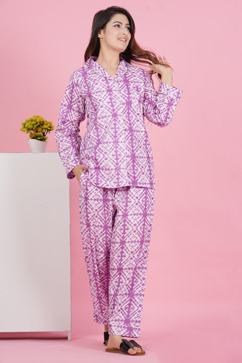 Pretty Purple Geometric Print Full Sleeve Pyjama Cotton Night Wear Set