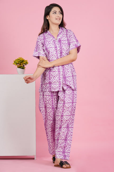Pretty Purple Geometric Print Half Sleeve Pyjama Cotton Night Wear Set