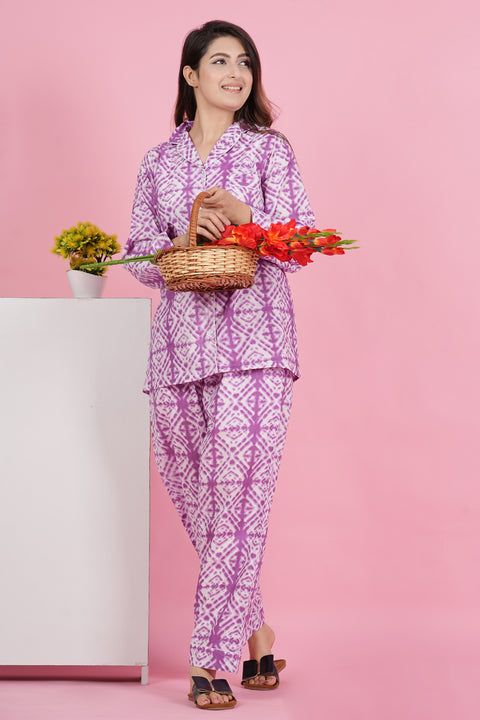 Pretty Purple Geometric Print Full Sleeve Pyjama Cotton Night Wear Set