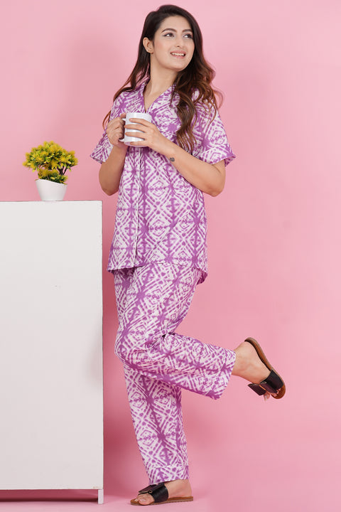 Pretty Purple Geometric Print Half Sleeve Pyjama Cotton Night Wear Set