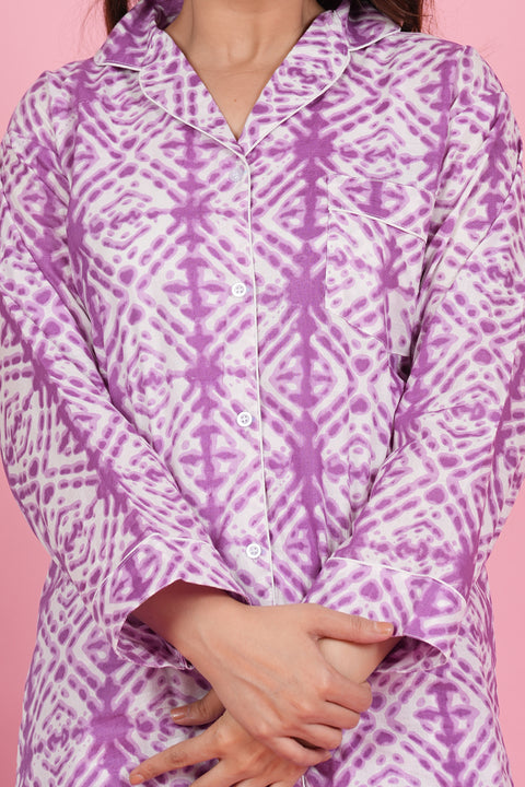 Pretty Purple Geometric Print Full Sleeve Pyjama Cotton Night Wear Set