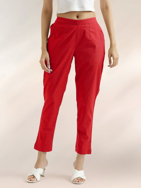 Women's Red Cotton Trouser Pant