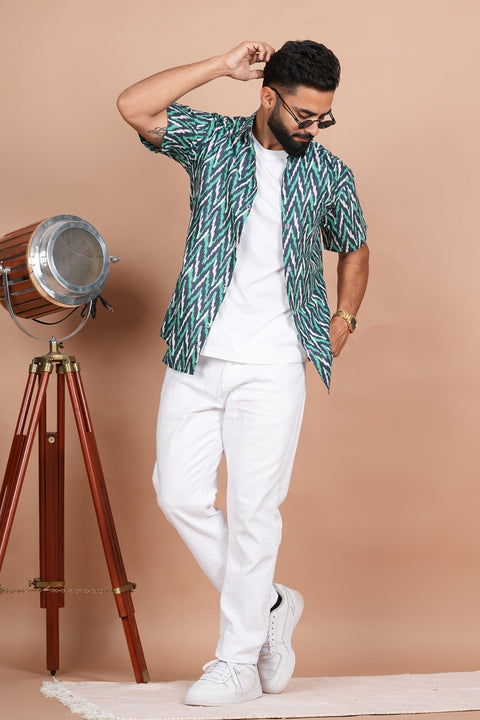 Stylish Zigzag Green, Blue, and White Print Shirt