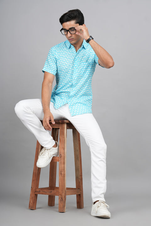 Floral Essence: White Flower Jaipuri Block Printed Shirt