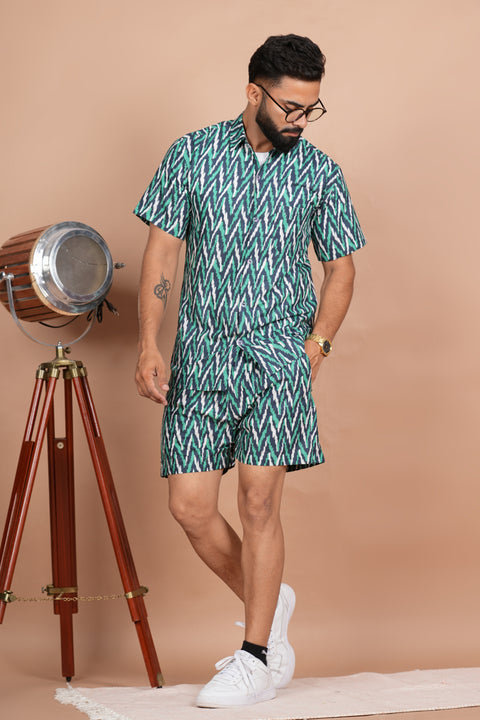 Stylish Zigzag Green, Blue, and White Print Co-ords Set