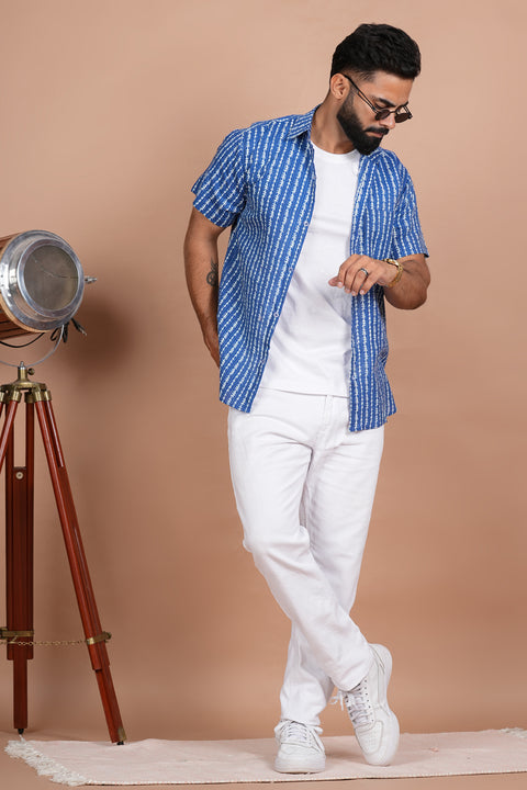 Charming Blue and White Stripe Print Katha Thread Work Shirt