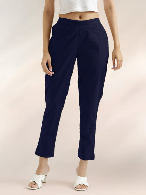 Women's Navy Blue Cotton Trouser Pant