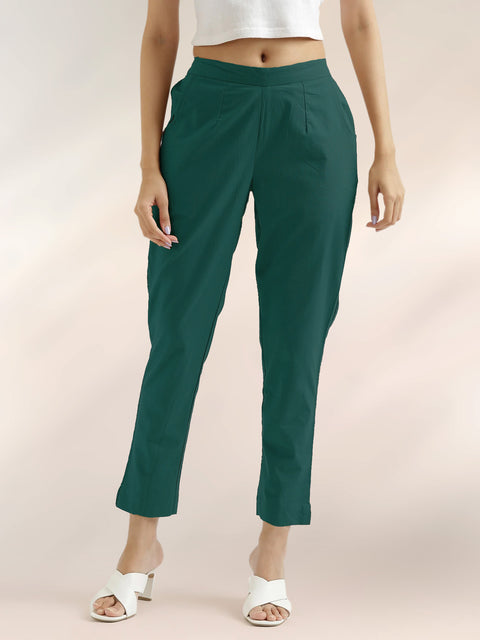 Women's Bottle Green Cotton Trouser Pant