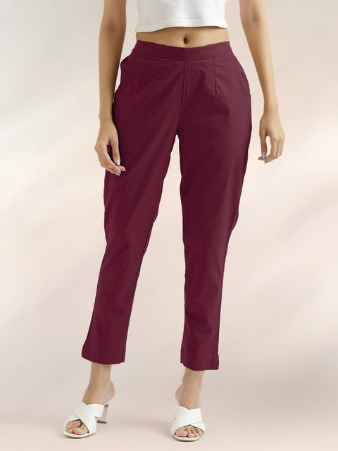 Women's Wine Cotton Trouser Pant