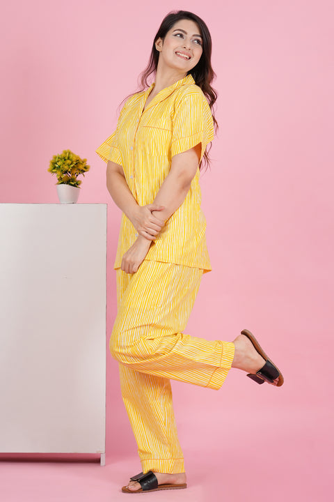 Sunshine Stripe: Yellow and White Print Combo Night Wear
