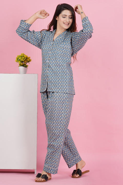 Gorgeous Grey Flower Pattern Print Katha Thread Work Full Sleeve Pyjama Cotton Night Wear Set