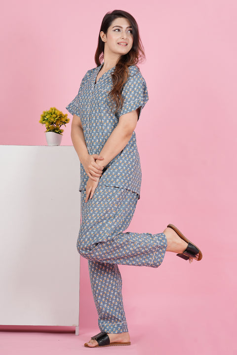 Gorgeous Grey Flower Pattern Print Katha Thread Work Half Sleeve Pyjama Cotton Night Wear Set