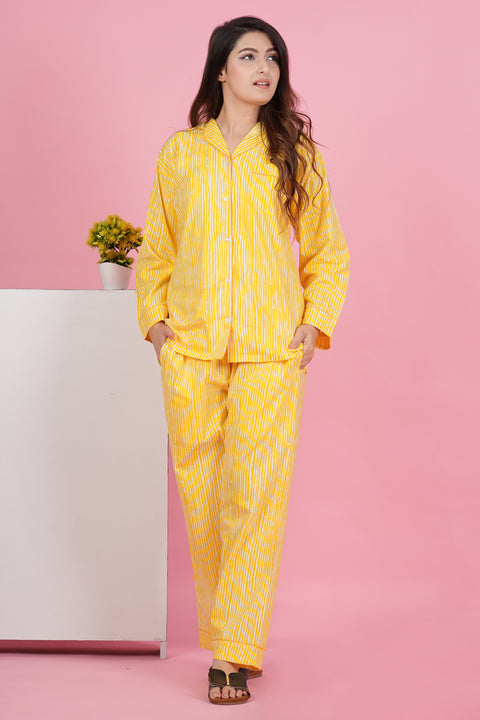Sunshine Stripe: Yellow and White Print Full Sleeve Pyjama Cotton Night Wear Set