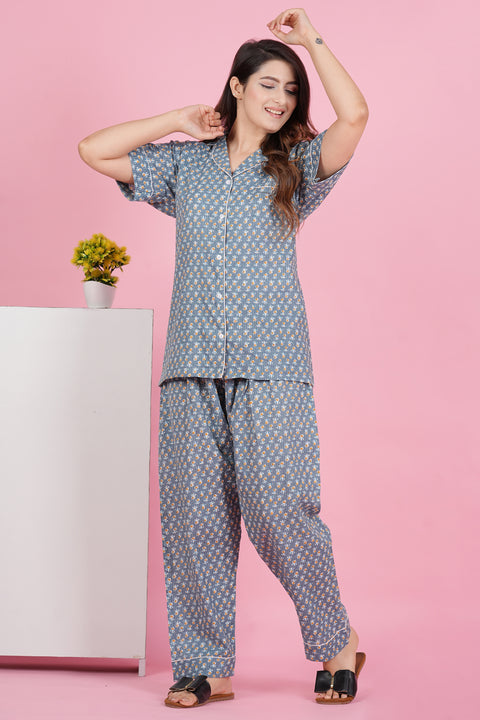Gorgeous Grey Flower Pattern Print Katha Thread Work Half Sleeve Pyjama Cotton Night Wear Set