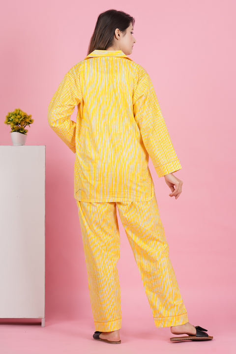 Sunshine Stripe: Yellow and White Print Full Sleeve Pyjama Cotton Night Wear Set