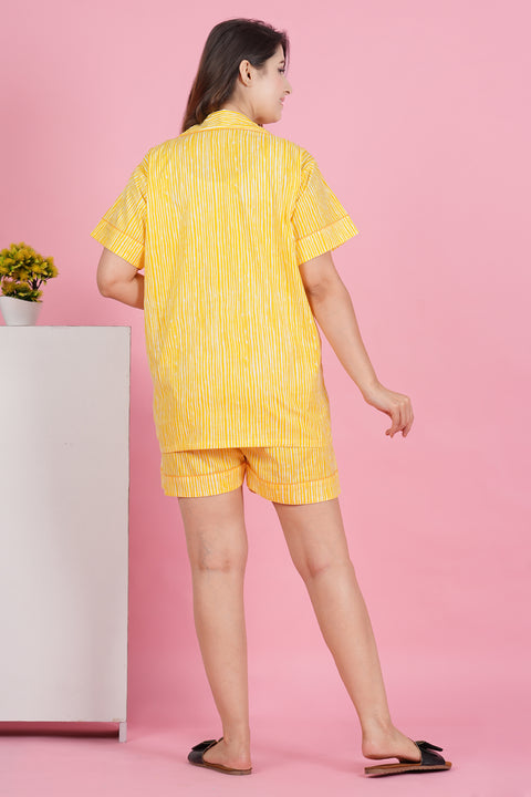 Sunshine Stripe: Yellow and White Print Half Sleeve Shorts Cotton Night Wear Set