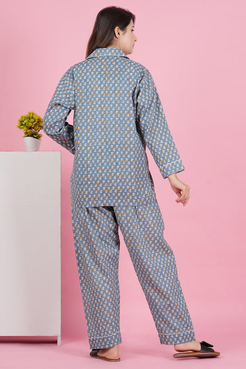 Gorgeous Grey Flower Pattern Print Katha Thread Work Full Sleeve Pyjama Cotton Night Wear Set