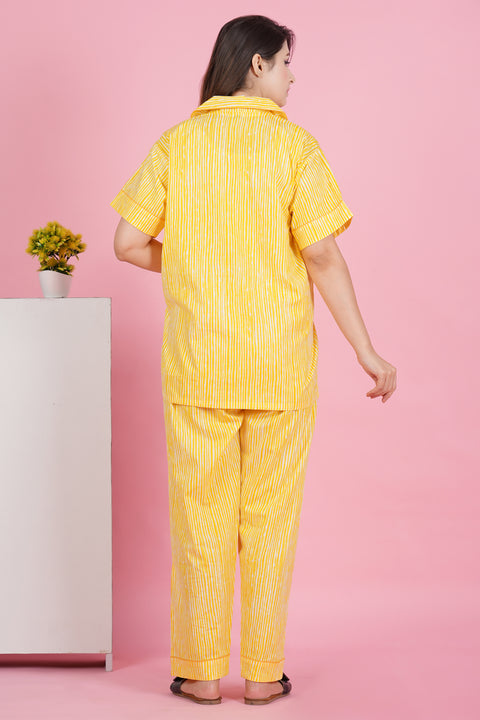Sunshine Stripe: Yellow and White Print Half Sleeve Pyjama Cotton Night Wear Set
