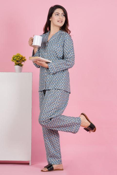 Gorgeous Grey Flower Pattern Print Katha Thread Work Full Sleeve Pyjama Cotton Night Wear Set