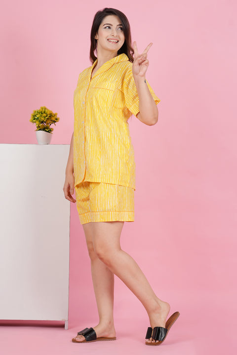 Sunshine Stripe: Yellow and White Print Half Sleeve Shorts Cotton Night Wear Set