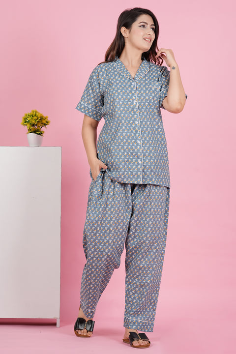 Gorgeous Grey Flower Pattern Print Katha Thread Work Half Sleeve Pyjama Cotton Night Wear Set