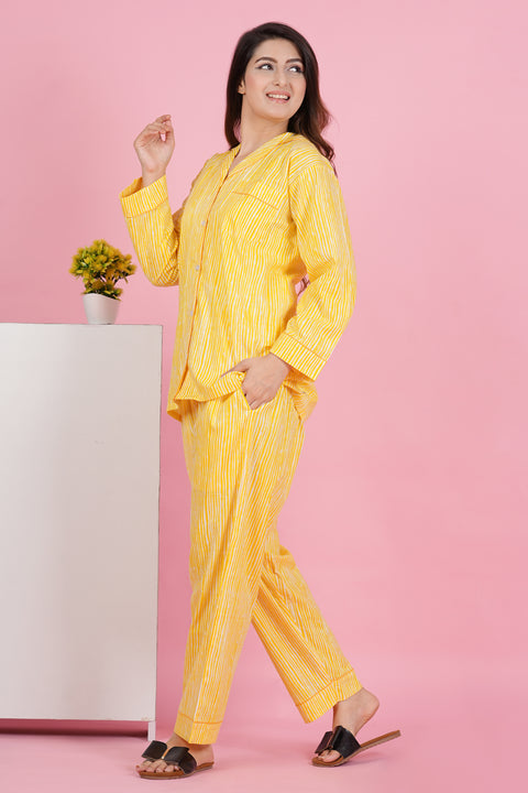 Sunshine Stripe: Yellow and White Print Full Sleeve Pyjama Cotton Night Wear Set