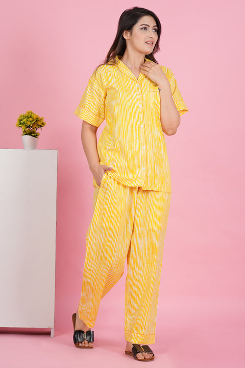 Sunshine Stripe: Yellow and White Print Half Sleeve Pyjama Cotton Night Wear Set