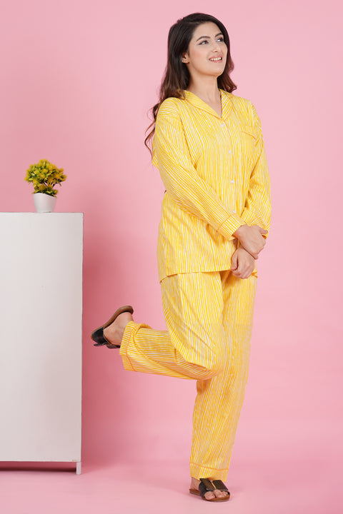 Sunshine Stripe: Yellow and White Print Full Sleeve Pyjama Cotton Night Wear Set