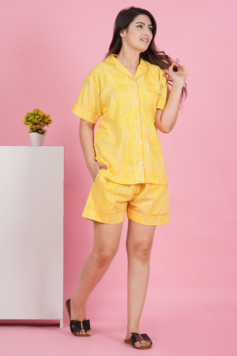 Sunshine Stripe: Yellow and White Print Half Sleeve Shorts Cotton Night Wear Set
