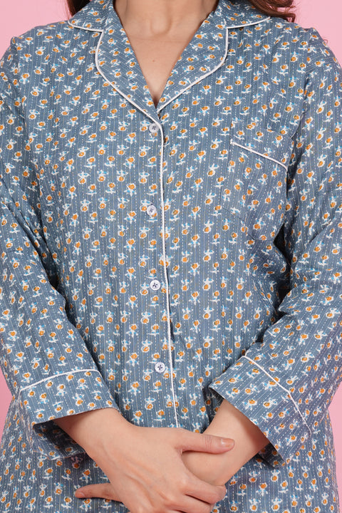 Gorgeous Grey Flower Pattern Print Katha Thread Work Full Sleeve Pyjama Cotton Night Wear Set