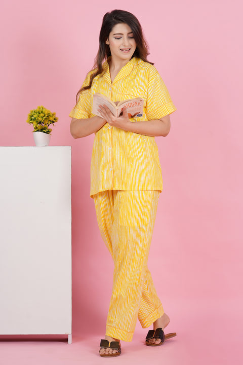 Sunshine Stripe: Yellow and White Print Half Sleeve Pyjama Cotton Night Wear Set