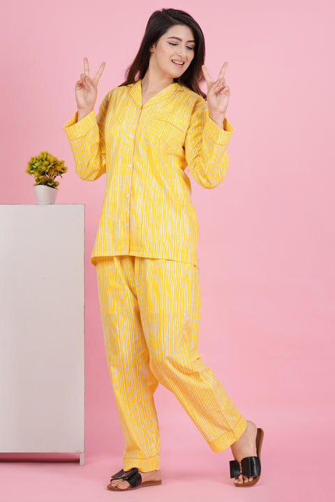 Sunshine Stripe: Yellow and White Print Full Sleeve Pyjama Cotton Night Wear Set