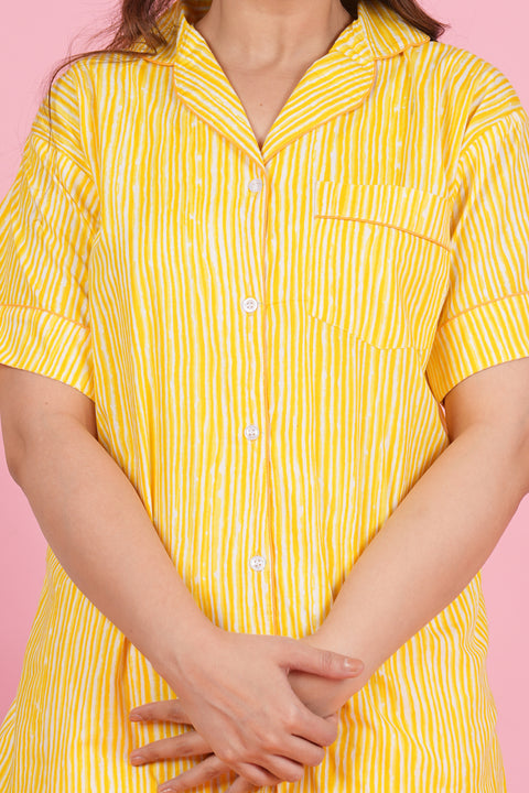 Sunshine Stripe: Yellow and White Print Half Sleeve Pyjama Cotton Night Wear Set