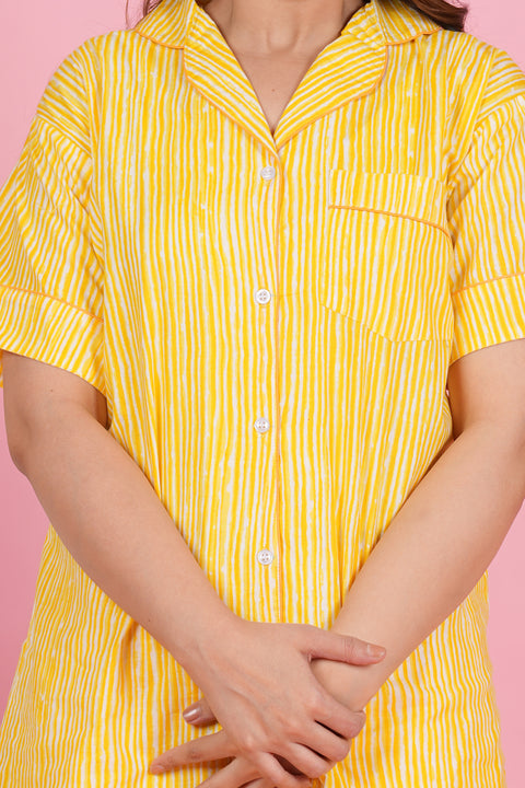 Sunshine Stripe: Yellow and White Print Half Sleeve Shorts Cotton Night Wear Set