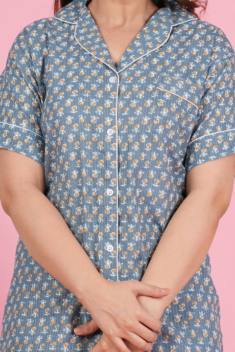 Gorgeous Grey Flower Pattern Print Katha Thread Work Half Sleeve Shorts Cotton Night Wear Set