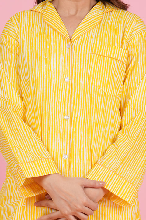 Sunshine Stripe: Yellow and White Print Full Sleeve Pyjama Cotton Night Wear Set