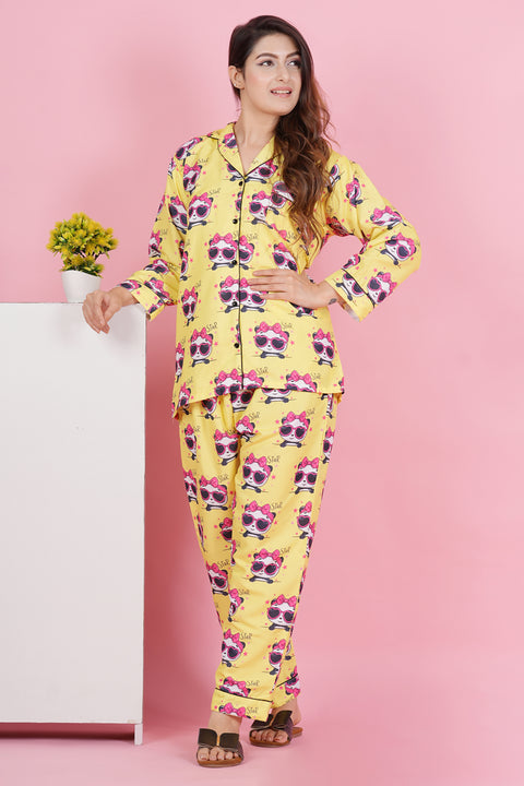Pretty Panda Star Full Sleeve Pyjama Rayon Blend Night Wear Set