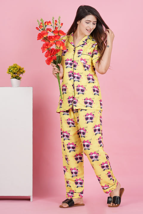 Pretty Panda Star Half Sleeve Pyjama Rayon Blend Night Wear Set